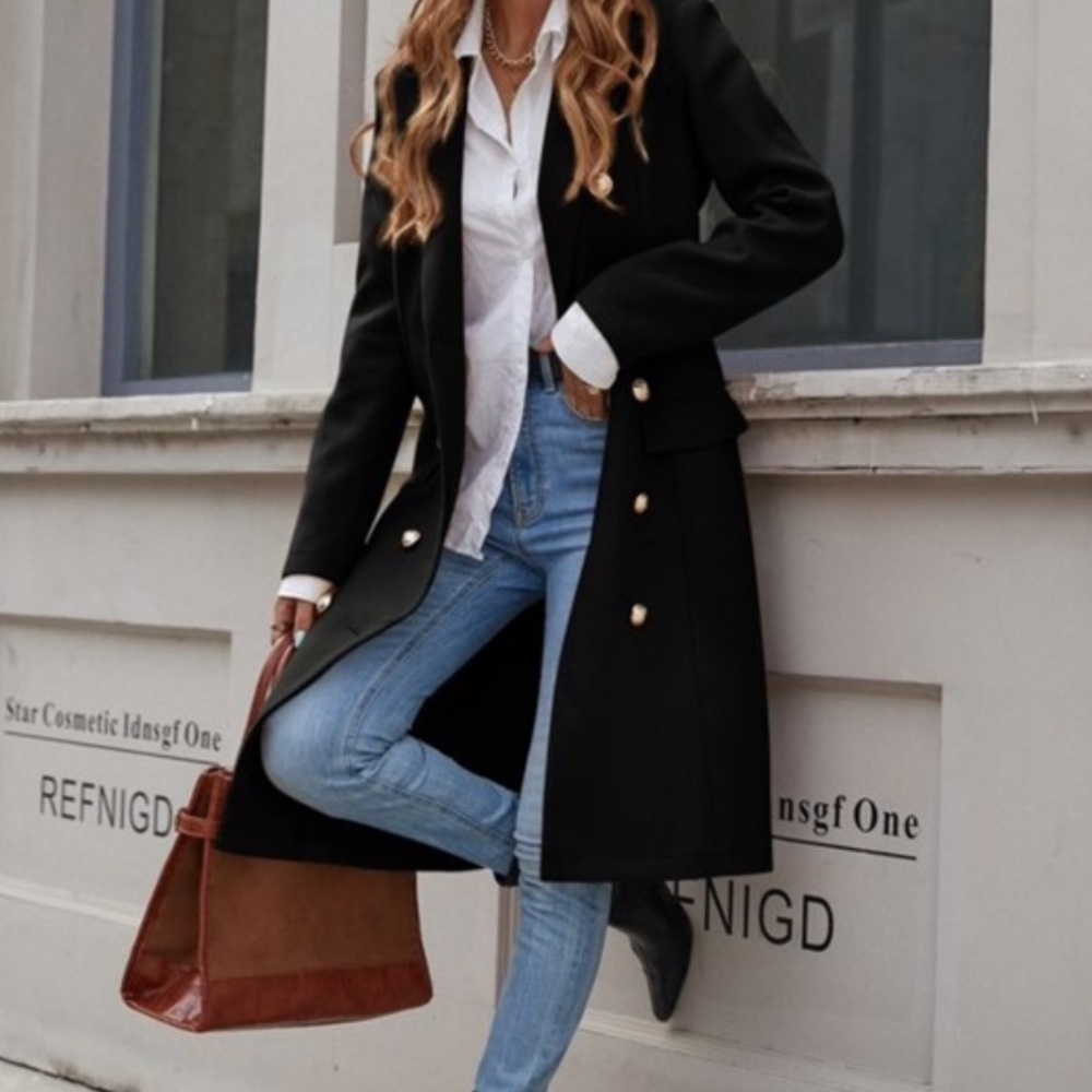 Classic Black Button up Long Jacket Coat - Picture 9 of 16